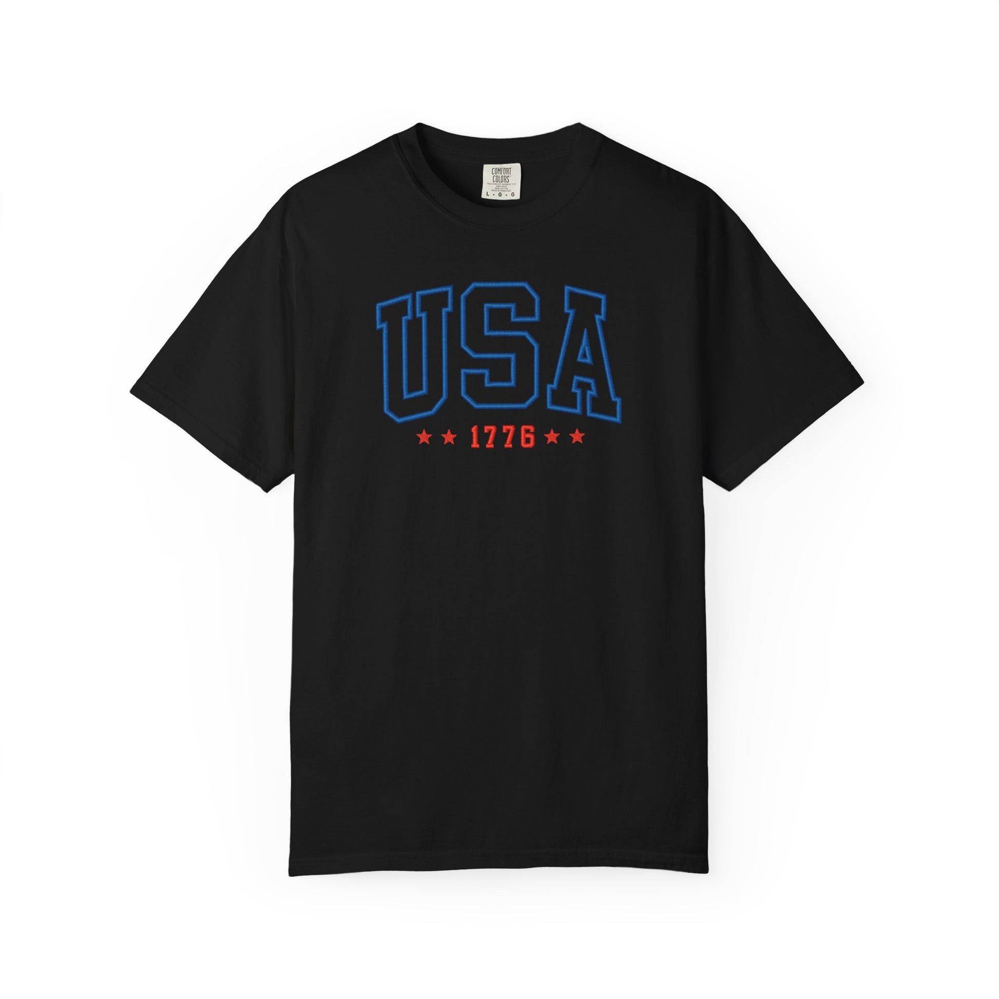 Black patriotic USA t-shirt featuring “USA 1776” blue graphic text with USA 1776 design for 4th of July and Independence Day wear