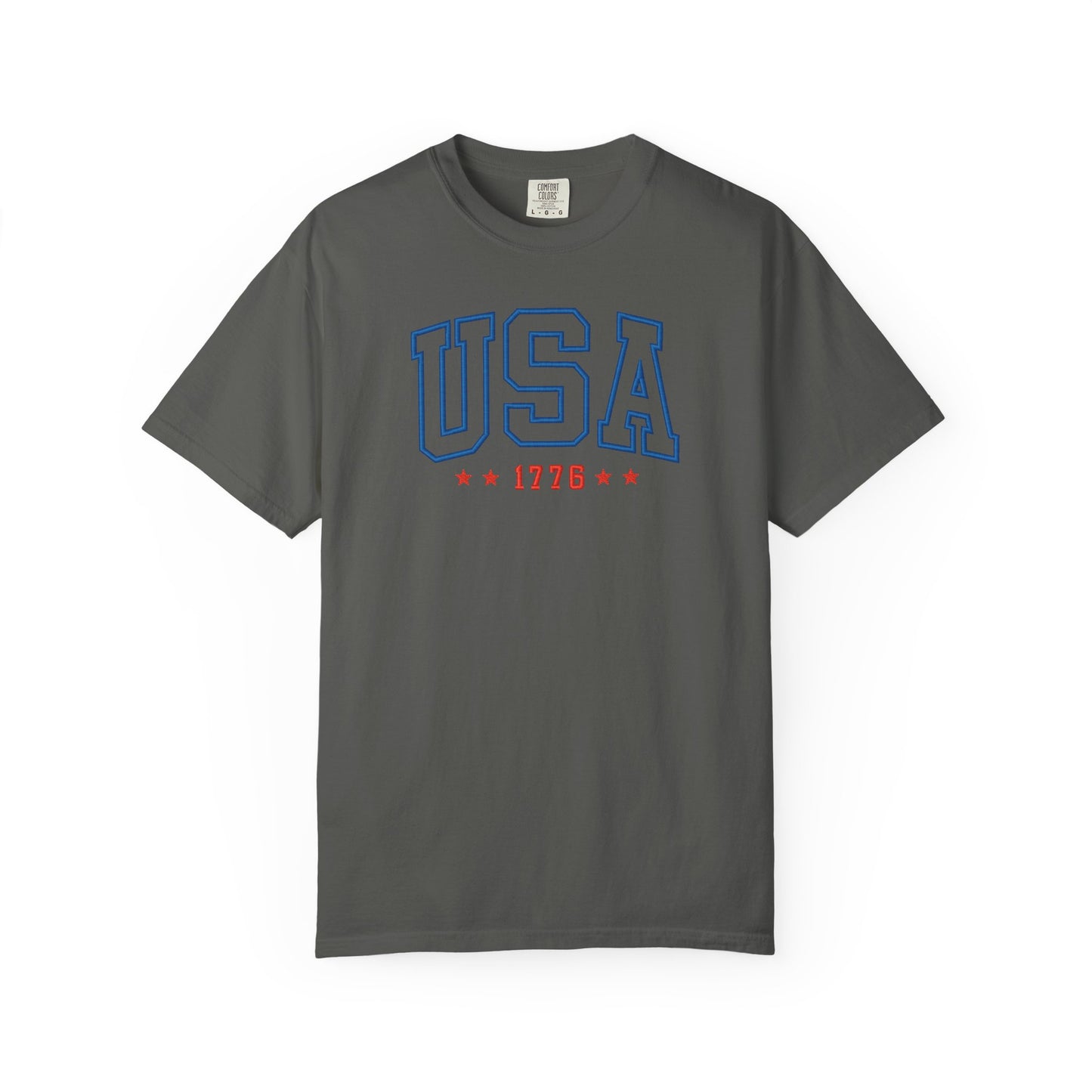 Pepper patriotic USA t-shirt featuring “USA 1776” blue graphic text with USA 1776 design for 4th of July and Independence Day wear