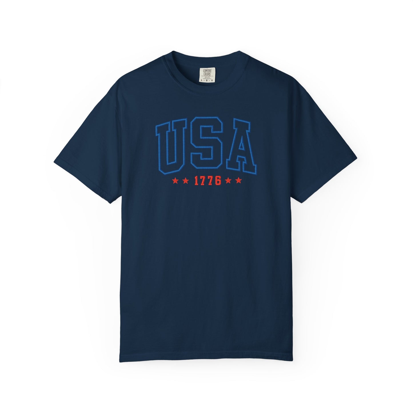 True Navy patriotic USA t-shirt featuring “USA 1776” blue graphic text with USA 1776 design for 4th of July and Independence Day wear