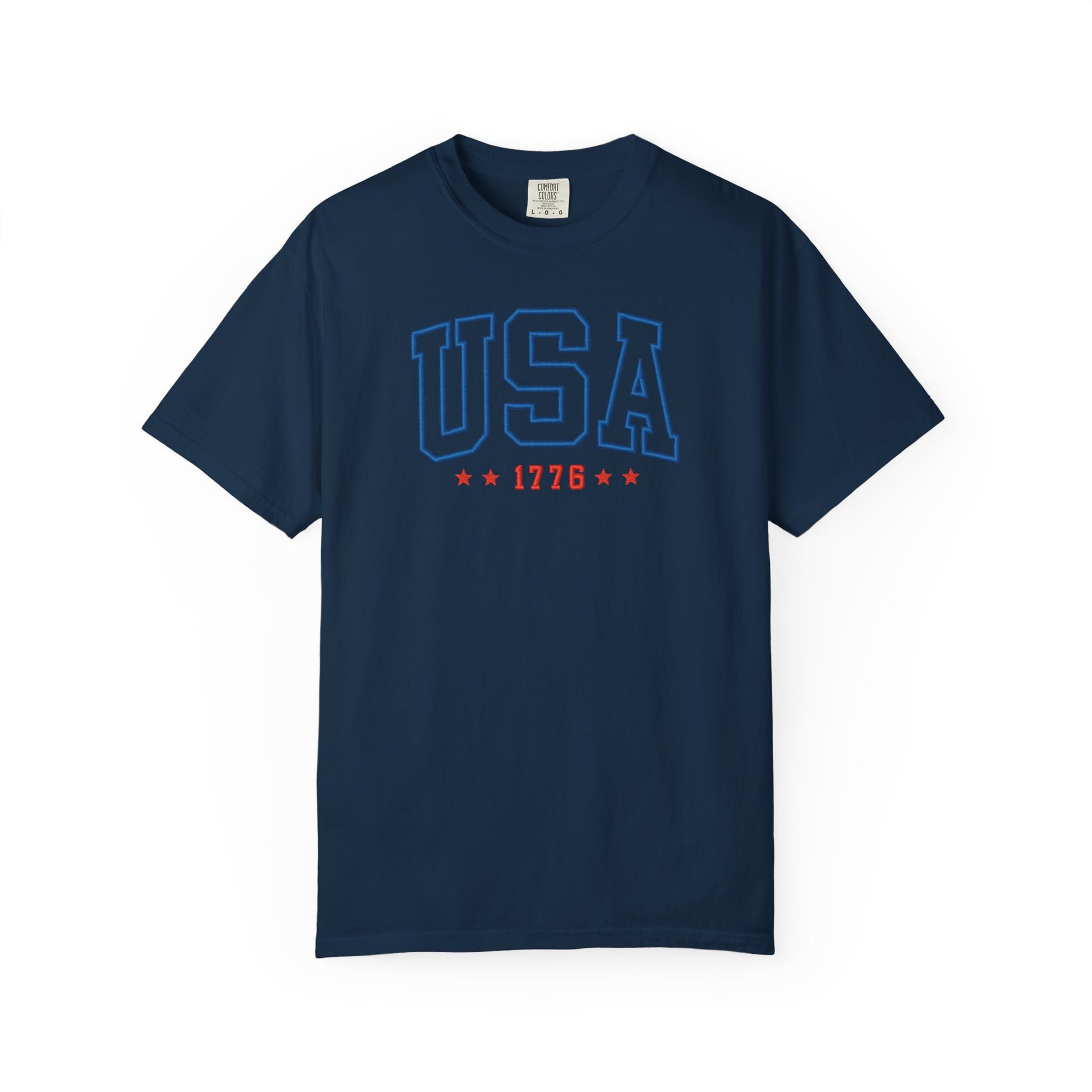 True Navy patriotic USA t-shirt featuring “USA 1776” blue graphic text with USA 1776 design for 4th of July and Independence Day wear