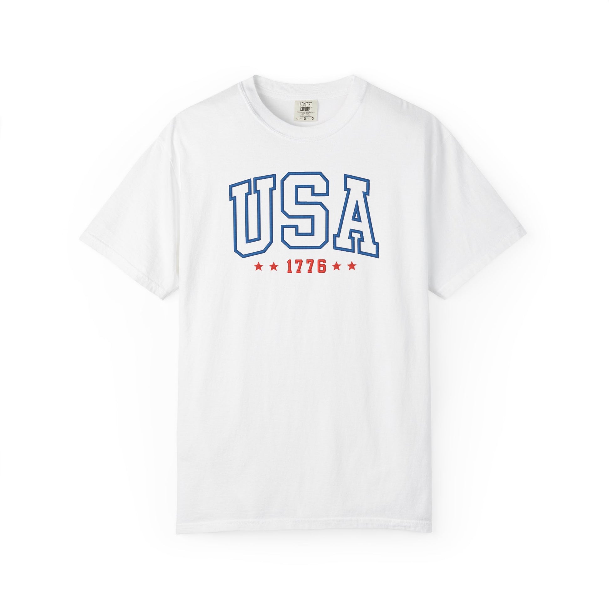 White patriotic USA t-shirt featuring “USA 1776” blue graphic text with USA 1776 design for 4th of July and Independence Day wear