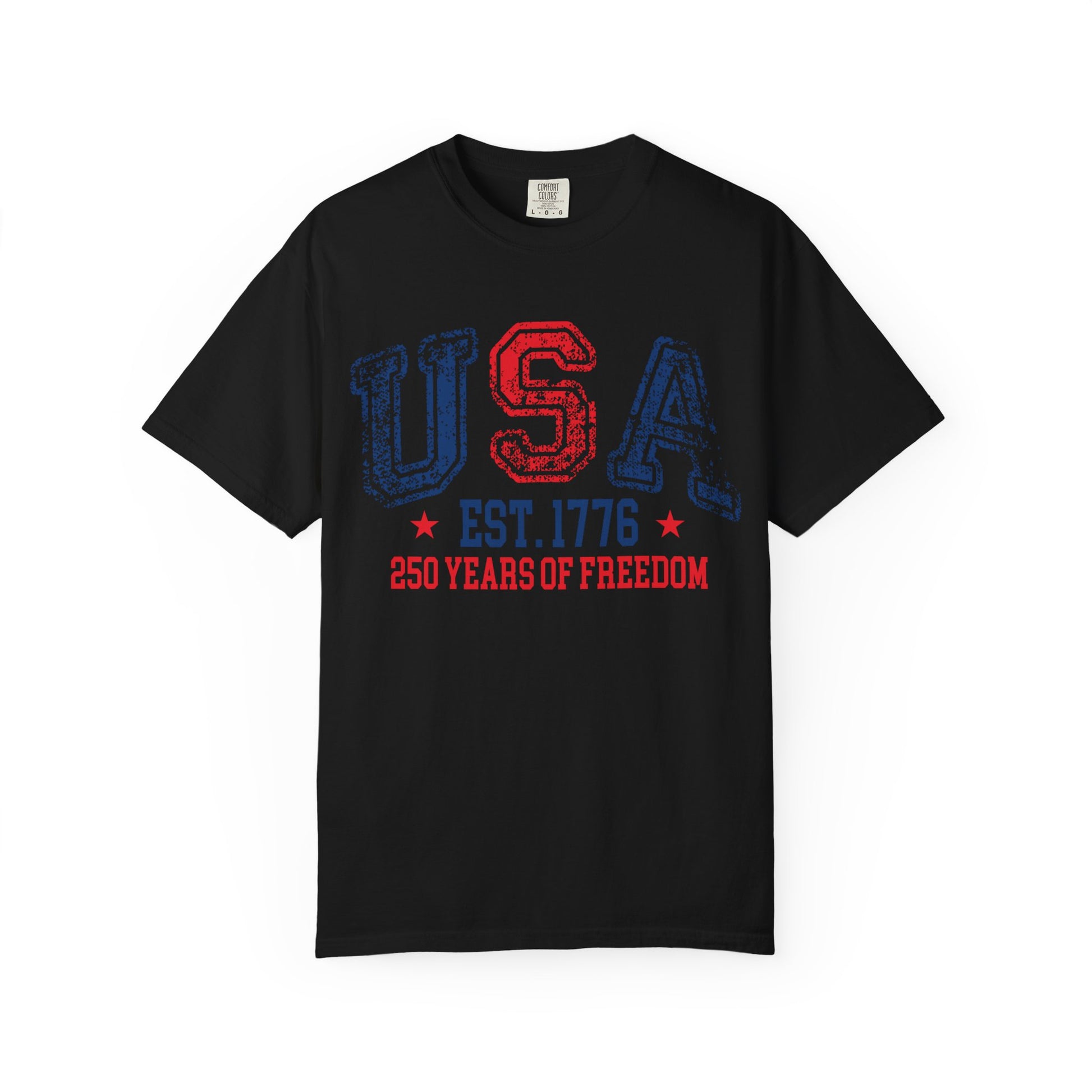 Black patriotic USA Shirt featuring vintage American flag graphics, fireworks, and distressed USA-inspired design for 4th of July celebrations and USA 250 anniversary apparel