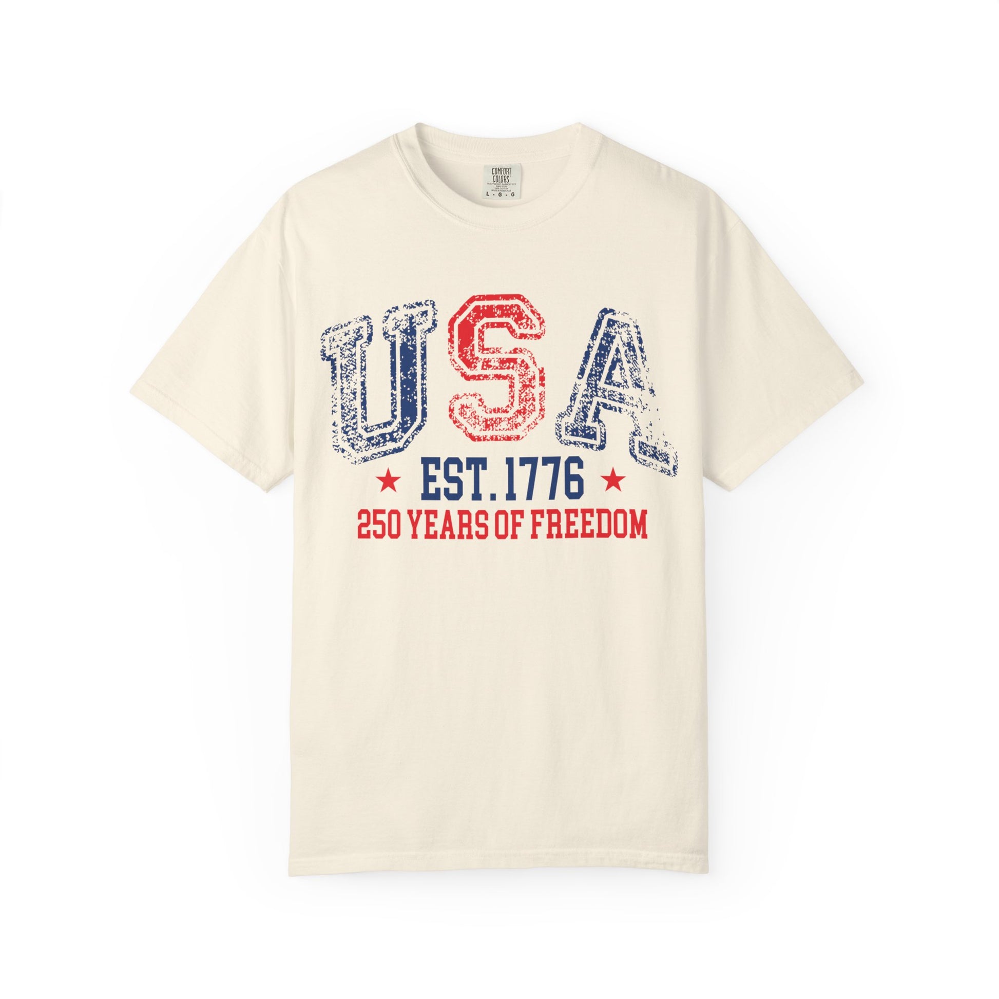 Ivory patriotic USA Shirt featuring vintage American flag graphics, fireworks, and distressed USA-inspired design for 4th of July celebrations and USA 250 anniversary apparel
