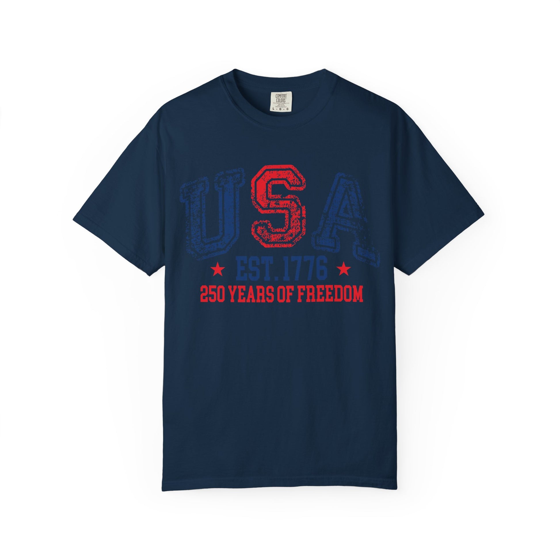 True Blue patriotic USA Shirt featuring vintage American flag graphics, fireworks, and distressed USA-inspired design for 4th of July celebrations and USA 250 anniversary apparel