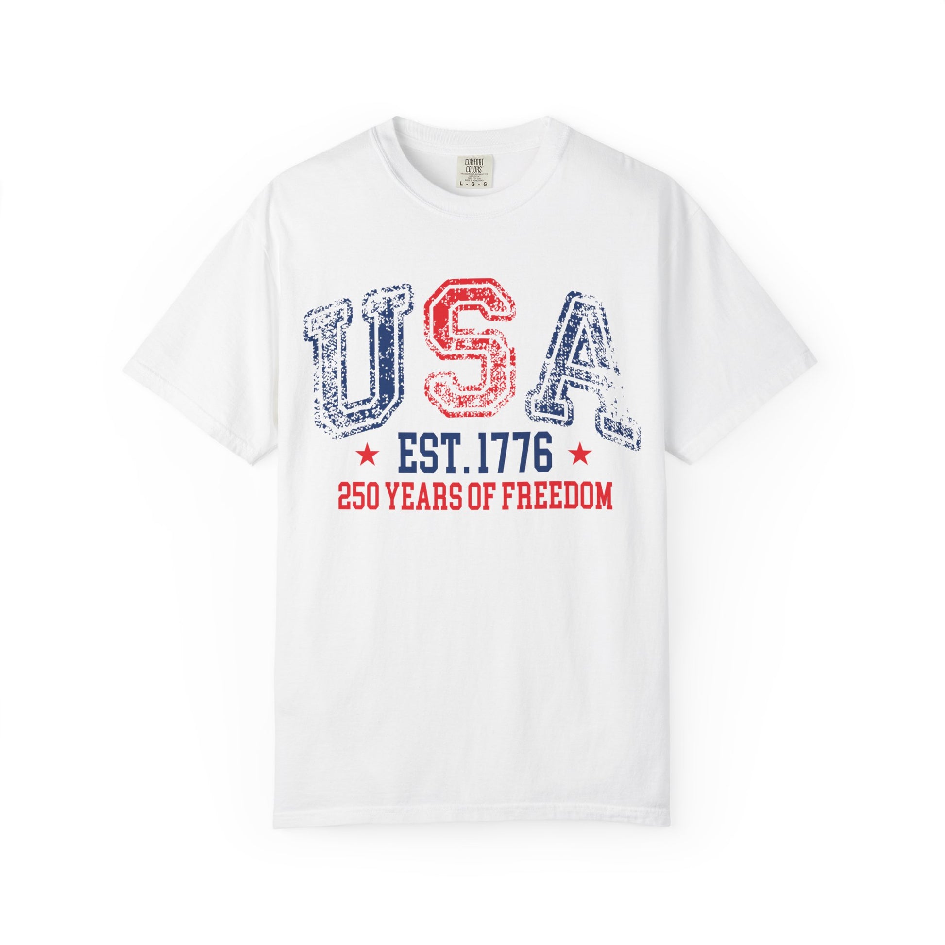 White patriotic USA Shirt featuring vintage American flag graphics, fireworks, and distressed USA-inspired design for 4th of July celebrations and USA 250 anniversary apparel