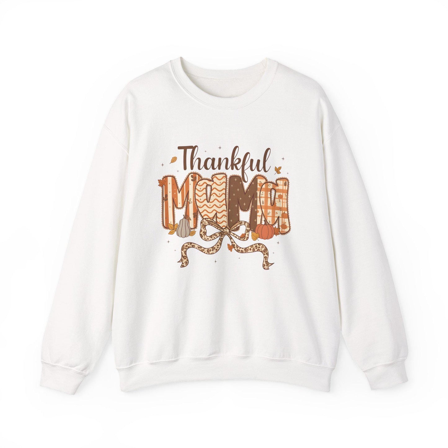 White sweatshirt with 'Thankful Mom' text and autumn-themed graphics on a white background