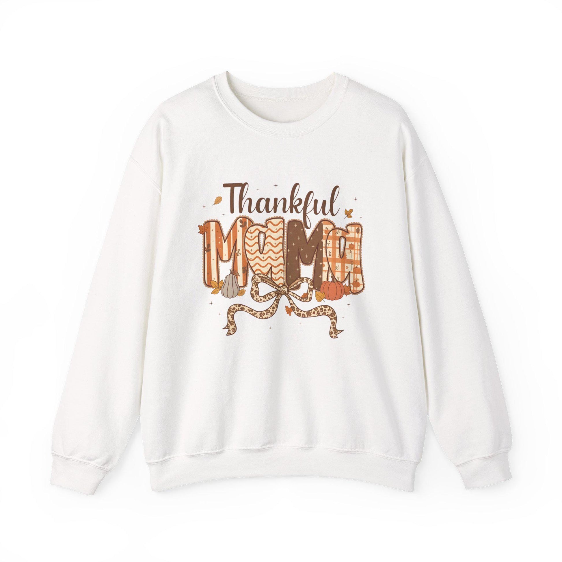 White sweatshirt with 'Thankful Mom' text and autumn-themed graphics on a white background