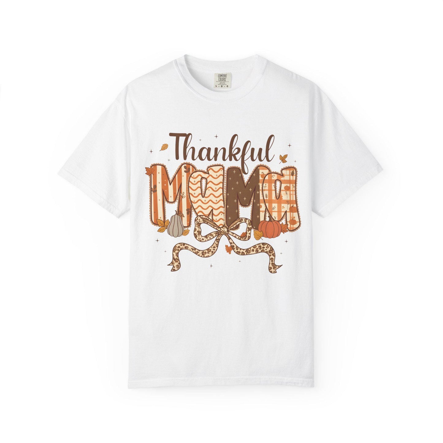 White t-shirt with 'Thankful Grandma' text and decorative elements on a white background