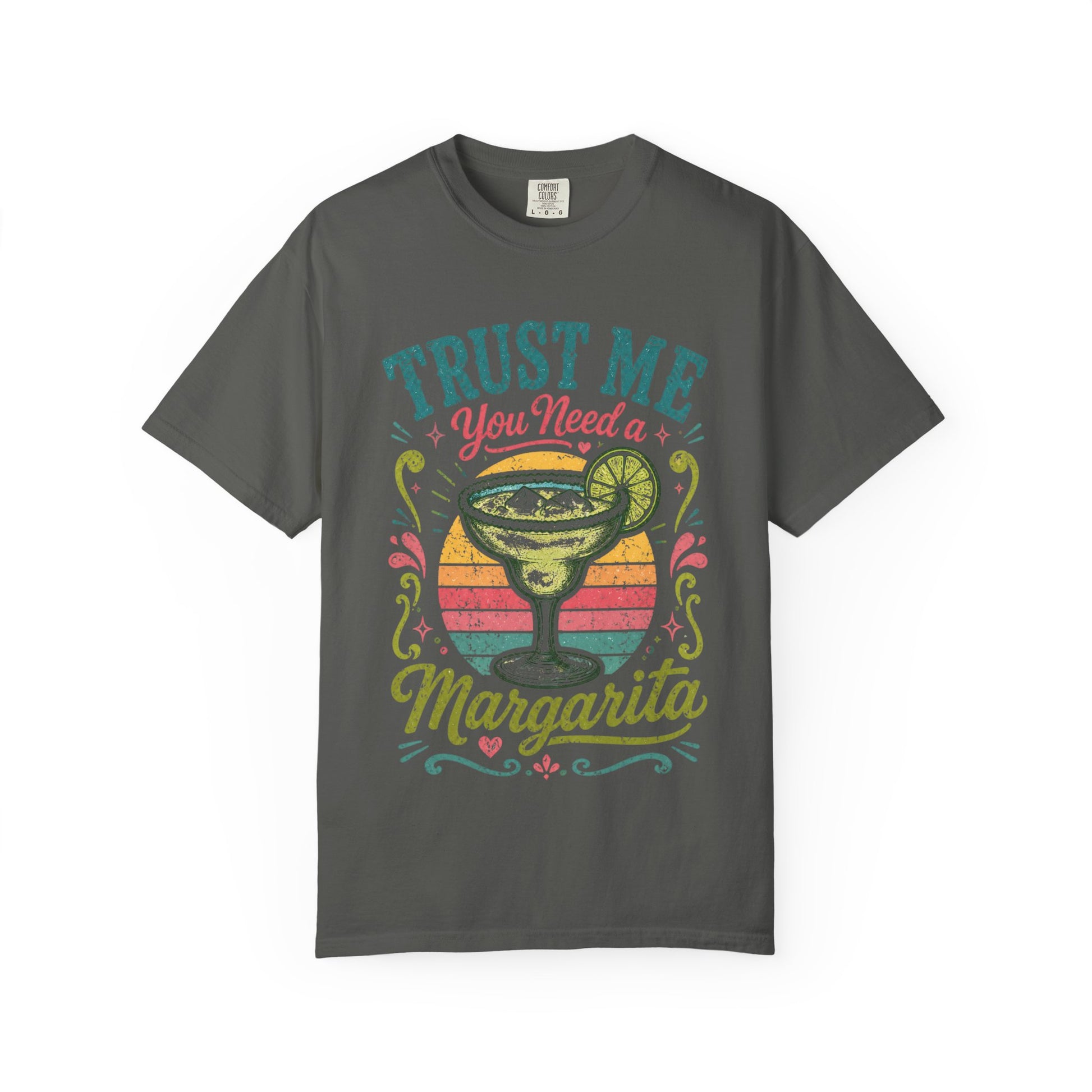 Pepper retro margarita graphic t-shirt featuring "Trust Me You Need a Margarita" with a colorful vintage cocktail, lime slice, and sunset design, perfect for girls trips, happy hour, and summer vacations.