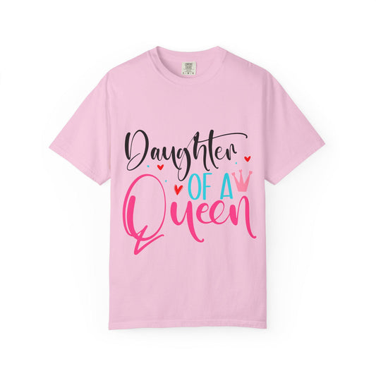 Pink-colored Comfort Colors short sleeve t-shirt with the bold and colorful phrase “Daughter of a Queen” in playful script. The design features a mix of black, pink, and aqua lettering, with decorative red hearts and a pink crown accent. This empowering and stylish tee celebrates strong mother-daughter bonds and makes a perfect gift for daughters of all ages who embrace their royal roots with confidence and love.