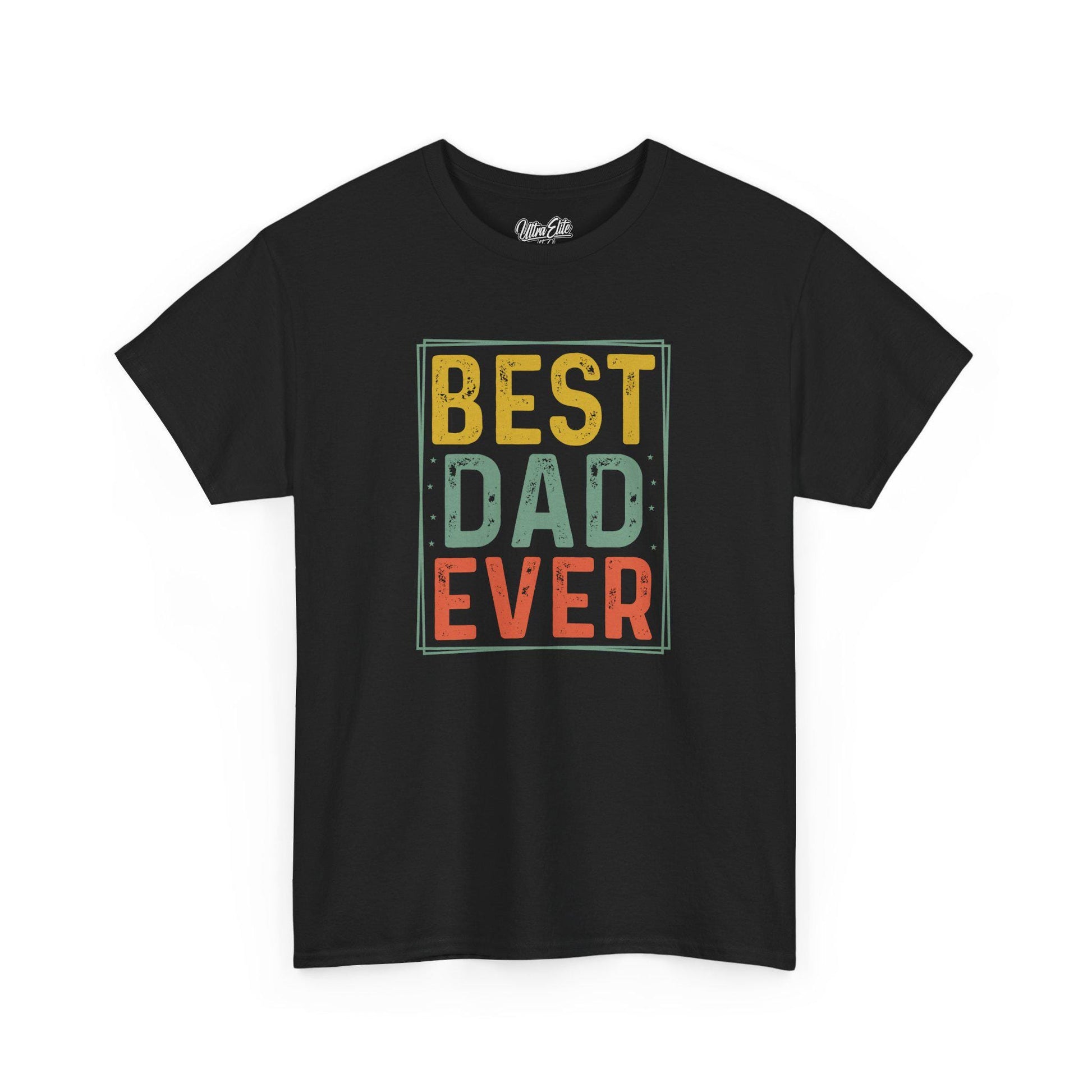 Black short-sleeve t-shirt with a bold, colorful block design that reads “BEST DAD EVER” in yellow, teal, and red distressed-style letters. Surrounded by a thin outlined frame with subtle star details, this retro-inspired shirt is perfect for Father’s Day or any occasion to celebrate and appreciate dads. Made by Ultra Elite 150, it’s a fun and heartfelt gift for any proud father or husband.