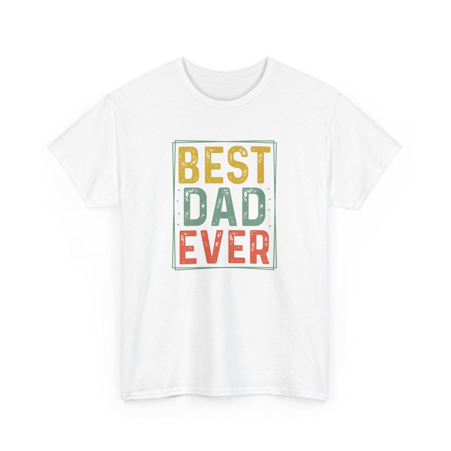 White short-sleeve t-shirt with a bold, colorful block design that reads “BEST DAD EVER” in yellow, teal, and red distressed-style letters. Surrounded by a thin outlined frame with subtle star details, this retro-inspired shirt is perfect for Father’s Day or any occasion to celebrate and appreciate dads. Made by Ultra Elite 150, it’s a fun and heartfelt gift for any proud father or husband.