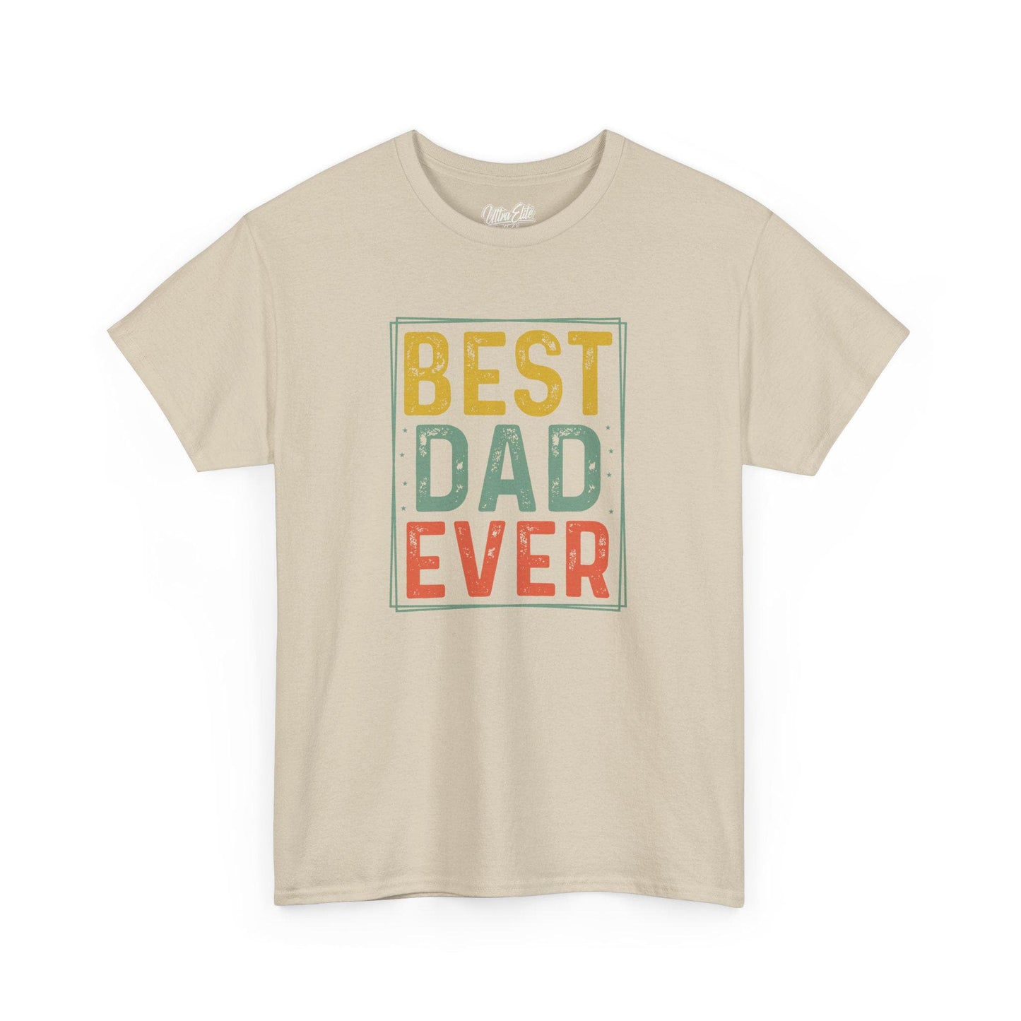 Sand short-sleeve t-shirt with a bold, colorful block design that reads “BEST DAD EVER” in yellow, teal, and red distressed-style letters. Surrounded by a thin outlined frame with subtle star details, this retro-inspired shirt is perfect for Father’s Day or any occasion to celebrate and appreciate dads. Made by Ultra Elite 150, it’s a fun and heartfelt gift for any proud father or husband.