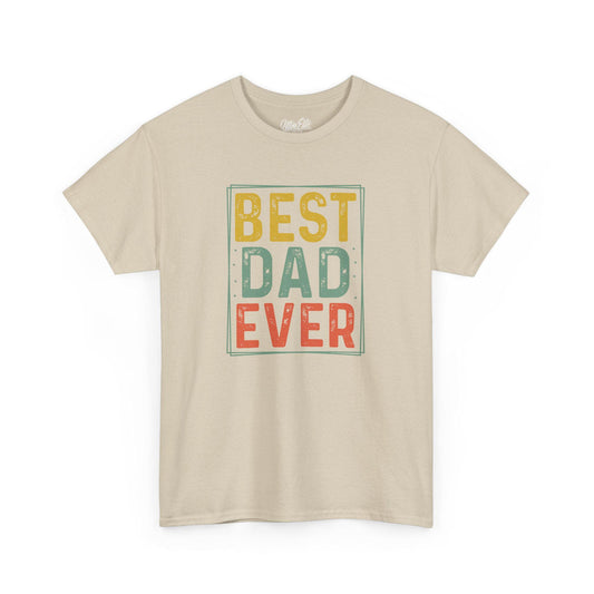 Sand short-sleeve t-shirt with a bold, colorful block design that reads “BEST DAD EVER” in yellow, teal, and red distressed-style letters. Surrounded by a thin outlined frame with subtle star details, this retro-inspired shirt is perfect for Father’s Day or any occasion to celebrate and appreciate dads. Made by Ultra Elite 150, it’s a fun and heartfelt gift for any proud father or husband.