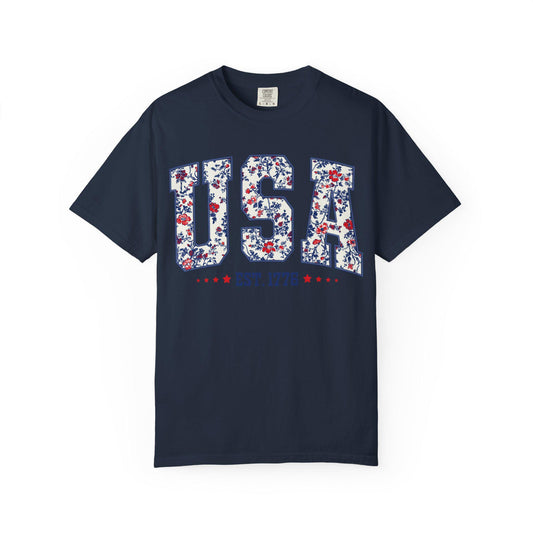 Retro Floral USA Flag Comfort Colors Shirt - 4th of July Tee