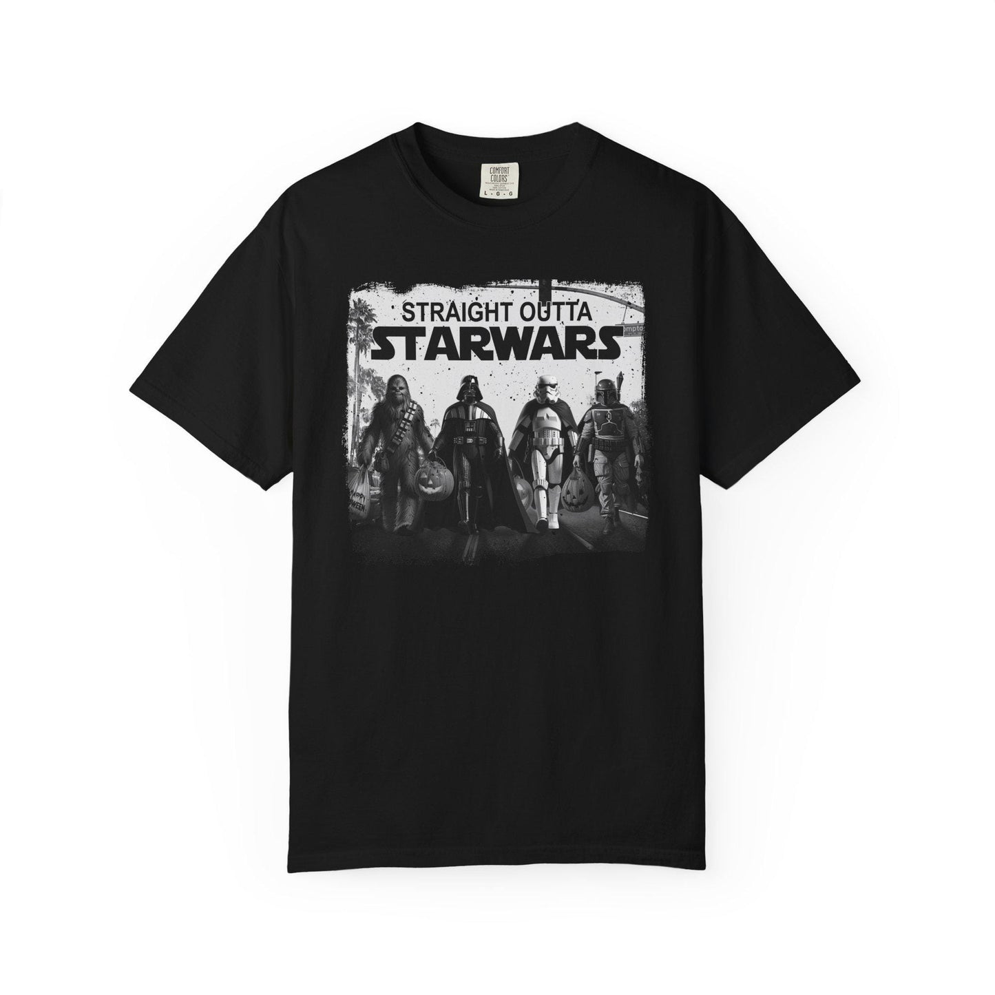 Black short-sleeve graphic t-shirt featuring a black and white design with iconic Star Wars characters including Chewbacca, Darth Vader, Stormtrooper, and Boba Fett walking together across a crosswalk. Above them, bold text reads “Straight Outta Starwars.” The print has a distressed, vintage style with palm trees and a traffic light in the background, blending pop culture and urban streetwear vibes.