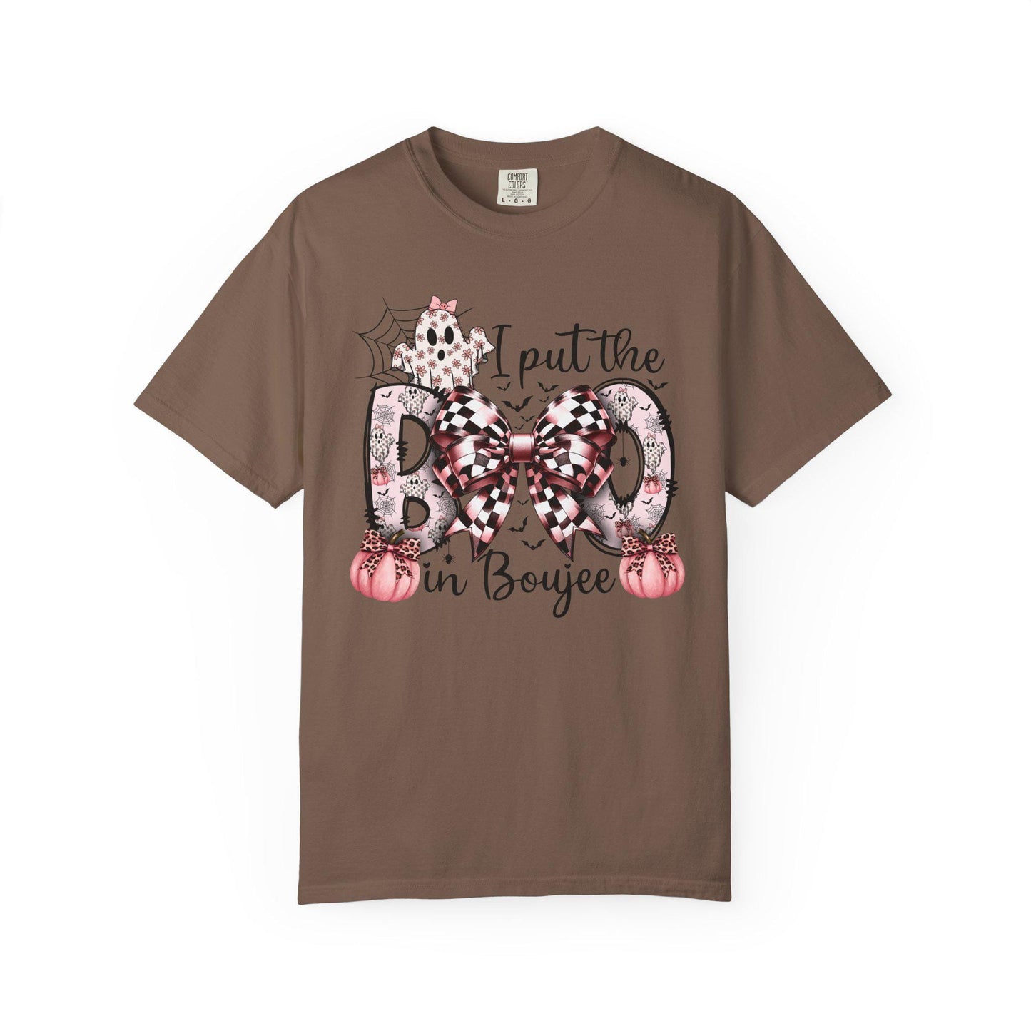 Espresso short-sleeve t-shirt with a playful Halloween-themed design that reads “I put the BOO in Boujee.” The word “BOO” is decorated with black and pink patterns, including leopard print and buffalo plaid, accented by a large checkered bow. Surrounding the text are cute seasonal details such as pink pumpkins, a ghost, bats, and a spider web, giving the shirt a stylish and boujee spooky vibe.