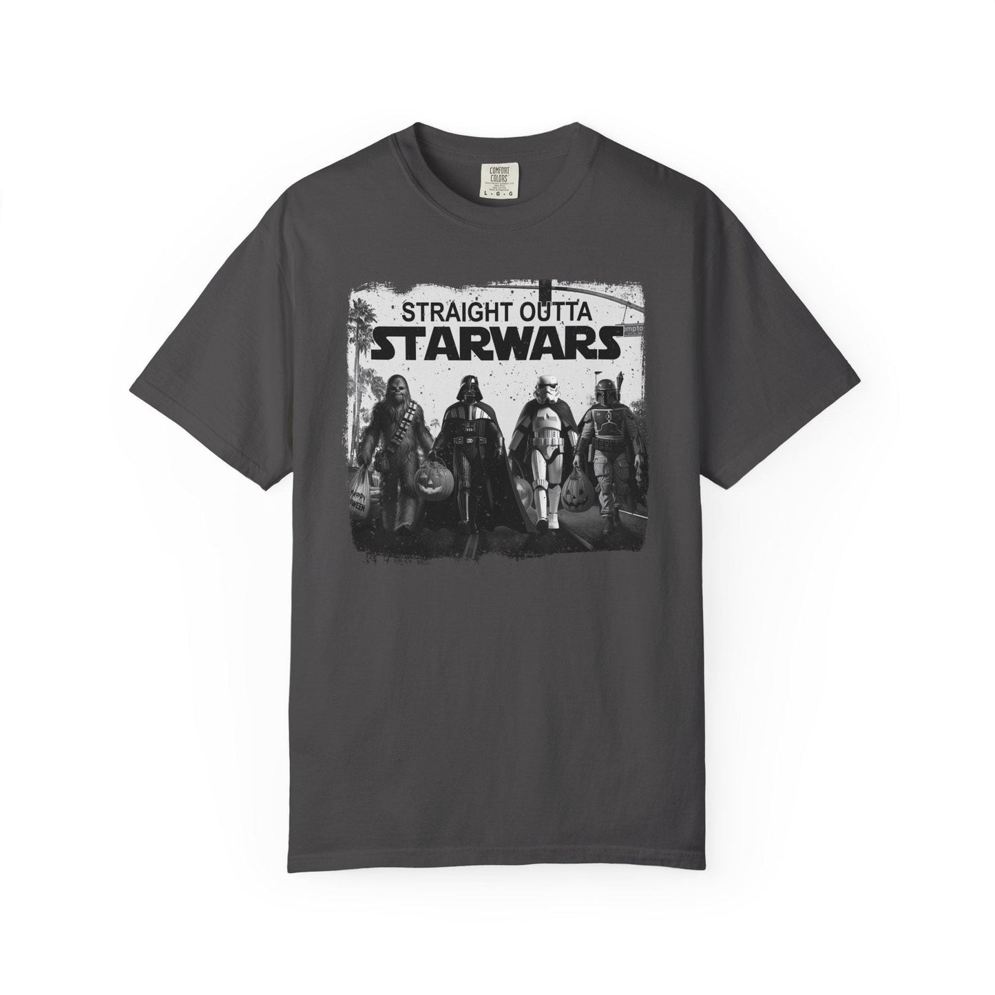 Gray short-sleeve graphic t-shirt featuring a black and white design with iconic Star Wars characters including Chewbacca, Darth Vader, Stormtrooper, and Boba Fett walking together across a crosswalk. Above them, bold text reads “Straight Outta Starwars.” The print has a distressed, vintage style with palm trees and a traffic light in the background, blending pop culture and urban streetwear vibes.