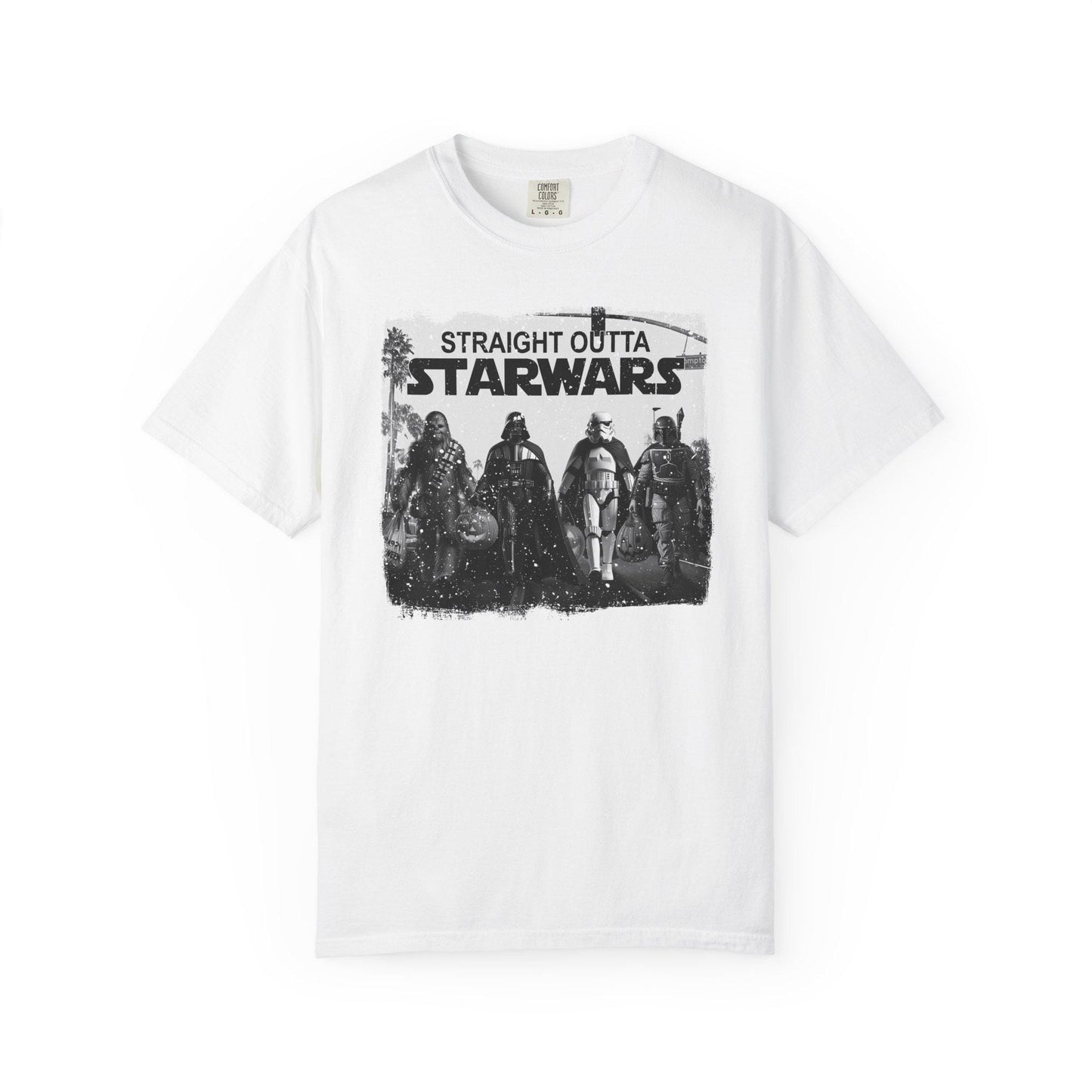 White short-sleeve graphic t-shirt featuring a black and white design with iconic Star Wars characters including Chewbacca, Darth Vader, Stormtrooper, and Boba Fett walking together across a crosswalk. Above them, bold text reads “Straight Outta Starwars.” The print has a distressed, vintage style with palm trees and a traffic light in the background, blending pop culture and urban streetwear vibes.